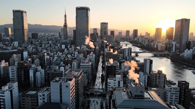 Dawn over a dense urban skyline with river running through and rising steam from rooftops