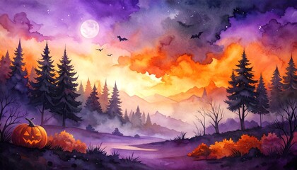 Watercolor Halloween mood background with deep muted purple, charcoal, and burnt oranges