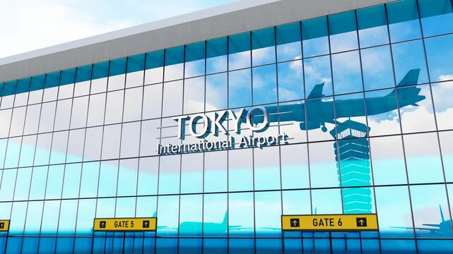 Tokyo international airport. Plane landing at Tokyo. Arrival in the city with the glass airport terminal and reflection of the jet aircraft. Travel, business, tourism and transport.