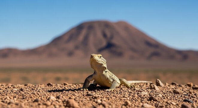 Lizard in the desert landscape, facing the camera with mountain backdrop.
