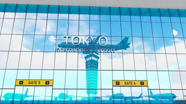 Tokyo international airport. Plane landing at Tokyo. Arrival in the city with the glass airport terminal and reflection of the jet aircraft. Travel, business, tourism and transport.