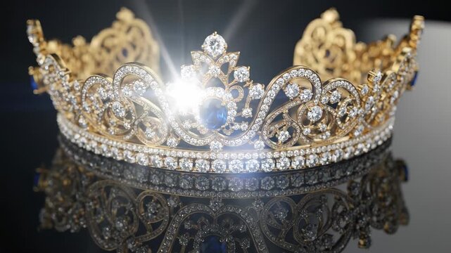 Golden crown with jewels on reflective surface