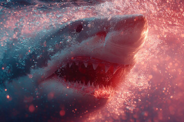 A dramatic underwater shot of a great white shark moving swiftly through the water. 