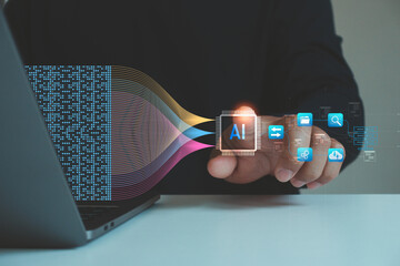 Artificial intelligence data processing concept. AI chip interface, digital data flow, automation system, machine learning technology, business analytics, cloud computing integration. Man using laptop