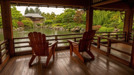 Fototapeta premium Wooden deck provides seating area overlooking serene landscape garden with pond and traditional structure