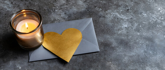 Candle with warm glow beside gray envelope and golden heart on textured surface
