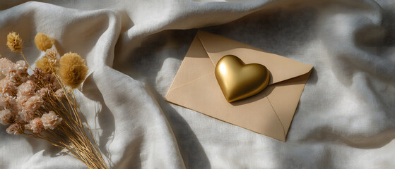 Heart-shaped golden seal on envelope with dried flowers on soft fabric background