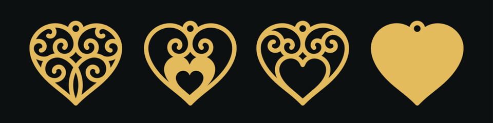 Heart shaped designs for earrings, pendant or keychain. Love jewelry cutting template. Laser cut with leather, wood or metal. Beautiful hanging bijouterie for wedding or Valentine's Day