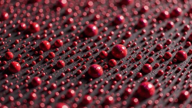 Abstract macro shot of red glossy spherical objects arranged in a repeating pattern on a dark background