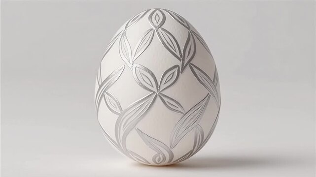 Decorative white easter egg with shiny silver leaf pattern in white and gray colors