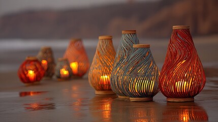 Multiple decorative woven lanterns illuminate a damp shoreline surface during twilight hours