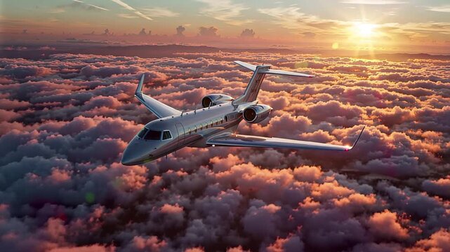 sleek silver private jet flying through vibrant sunset sky - 3d render | travel, business, luxury, aviation, transport theme