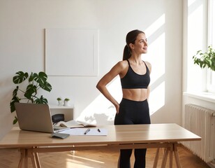 Young woman in sportswear working from home in calm morning atmosphere