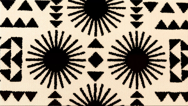 Close-Up Of Beige And Black Rug With Bold Geometric Sunburst Pattern For Home Decor
