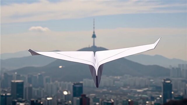 White paper plane flying in the air with hopeful mood representing freedom and dreams on blurred city panorama and mountains background