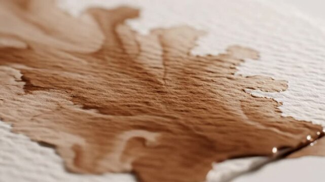 Close-up of brown liquid dripping and spreading on textured white absorbent paper, slow motion