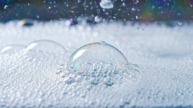 Close up view of clean water pouring into soap bubbles creating beautiful sparkling effect in slow motion