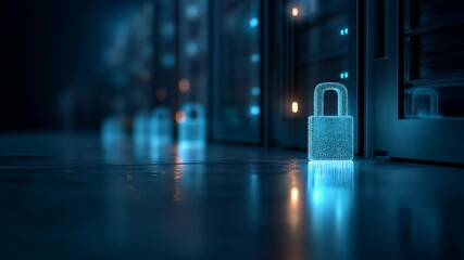 Glowing digital lock standing in a dark server room corridor, symbolizing cybersecurity, data protection and secure network infrastructure - Powered by Adobe