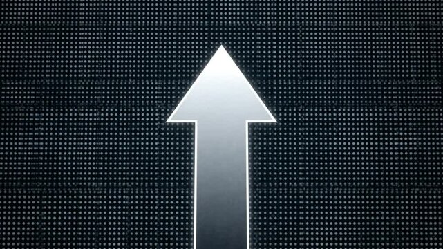 Ascending White Arrow with Metallic Look on Dark Background with Tiny Dots Representing Technology and Progress