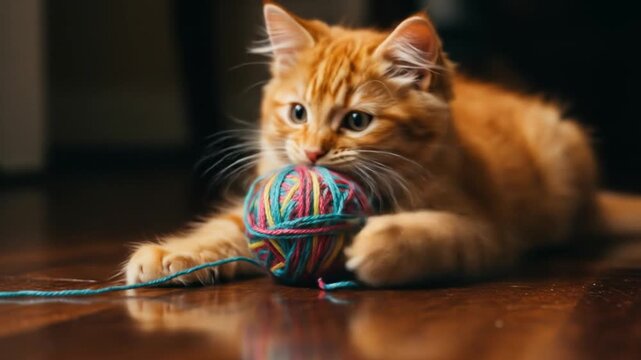 An orange tabby cat playing with a ball of colorful yarn on a wooden floor. Perfect for animals, pets, and lifestyle content.