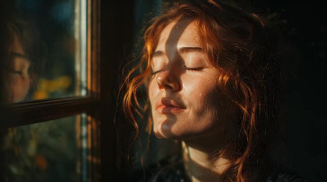 Emotional Close-Up of a Woman breathing in Warm Cinematic Golden Hour Light