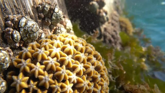 Underwater close-up view of a vibrant orange coral formation with barnacles and seaweed in a marine environment