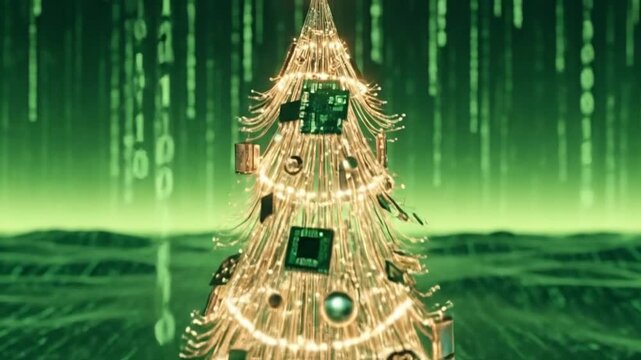 Futuristic Christmas tree made of computer parts and binary code background.
