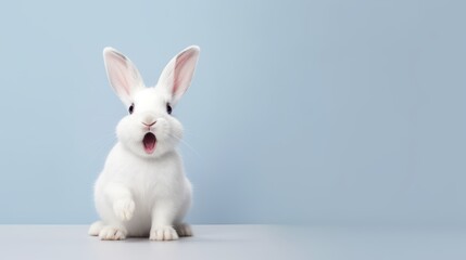 Obraz premium cute animal pet rabbit or bunny white color smiling and laughing isolated with copy space for easter background, rabbit, animal, pet, cute, fur, ear, mammal, background, celebration, generate by AI