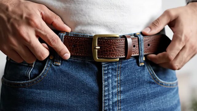 Adjusting Brown Leather Belt Denim Jeans Belt Loops Close-Up Shot