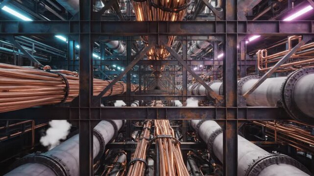 Industrial interior with network of metal pipes and copper cables, in harsh artificial lighting, steam venting creating atmosphere of heavy machinery and manufacturing.