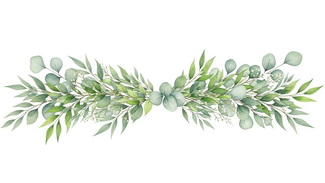 Watercolor greenery garland with eucalyptus and ruscus. Long floral border for wedding table runner design.
