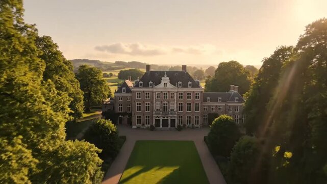 Drone aerial view of a grand historic estate with manicured gardens surrounded by lush green trees and fields on a sunny day