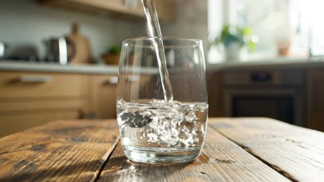 Pouring clear water into a glass against the backdrop of a kitchen on a weathered wooden surface