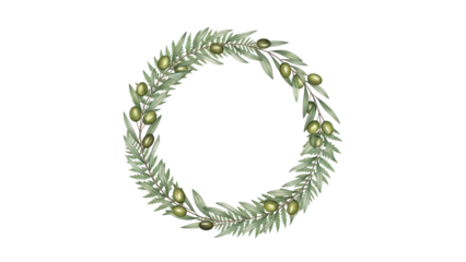 Watercolor greenery wreath with olive branches and fern leaves. Minimalist botanical circle frame for logo and branding composition.