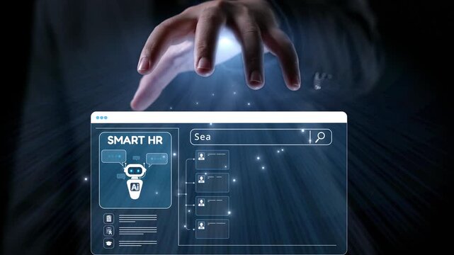 An image depicting advanced technology in human resources management, highlighting a user interacting with a digital interface that organizes and manages employee data. Qubit