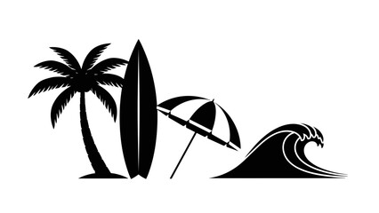 Silhouette of tropical beach scene with palm trees surfboard and wave