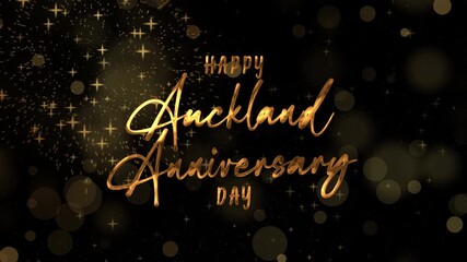 Happy auckland anniversary day text animation in gold with fireworks. Suitable for celebratory event invitations, social media posts, and festive design projects.