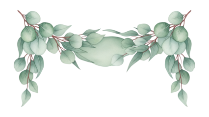 Watercolor green floral banner with silver dollar eucalyptus leaves and branches isolated on white background.