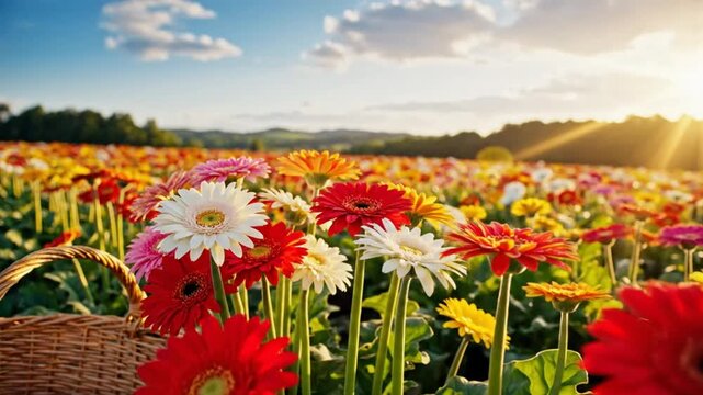 Stunning field of colorful gerbera daisies blooming under a bright blue sky with a basket in the foreground