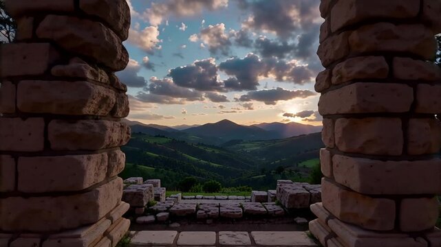 ancient stone structure with panoramic landscape view at golden hour | travel, meditation, luxury, nature, heritage theme
