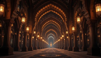 Obraz premium Ornate long hallway features symmetrical arches and glowing overhead lanterns stretching into the distance