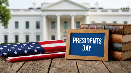 Presidents day usa flag american background banner concept celebration with patriotic mood near government building and wooden table presidents day concept