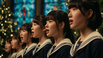 Fototapeta premium 女子生徒が聖堂で制服姿の合唱を披露