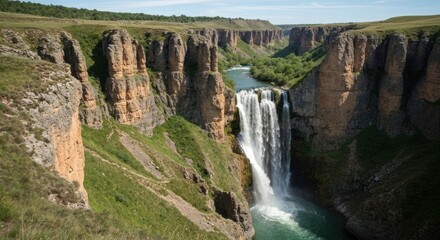 Obraz premium A stunning canyon with a cascading waterfall plunging into a river, lush greenery