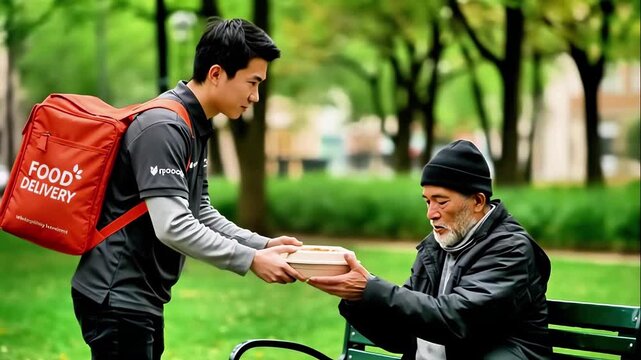 Young courier with red backpack handing lunch box to elderly homeless man sitting on bench in green park, touching atmosphere of volunteering and human kindness to poor people, concept of mutual aid