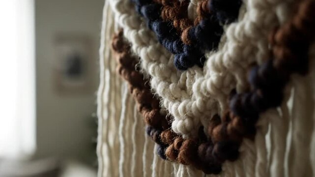 Close-up of a textured macrame wall hanging with a detailed design, showcasing craftmanship and artistic texture