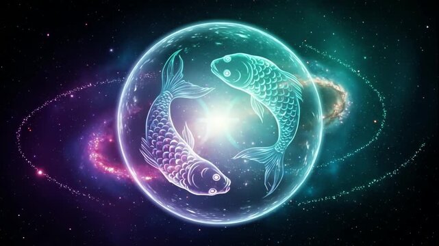 Two glowing fish swimming inside magical sphere against starry cosmic background representing ethereal zodiac fish sign visualization. Mystery astrology concept in deep space nebula