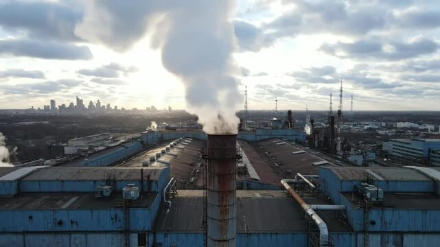 Industrial smokestack billowing smoke into sky with cityscape in the distance on a cloudy day
