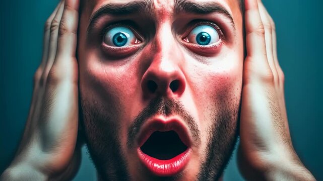 Surprised man showing shocked expressions across three frames