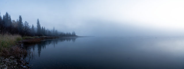 Panorama of a foggy morning at a northern lake with the sky fading to transparent
